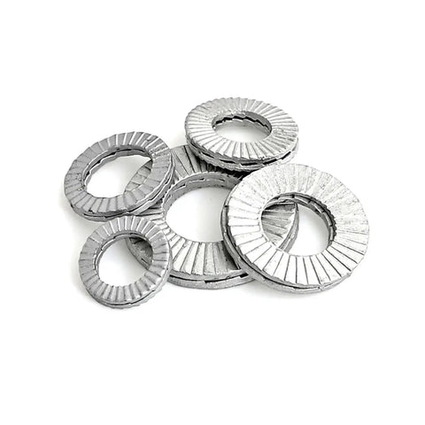 Heavy Duty 304 Stainless Steel Wedge Lock Washers Double Deck Gaskets M3 To M36 Din25201 in various sizes.