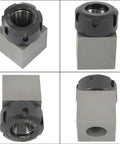 Pro Grade ER 32 Collet Block Set with square clamp block shown from front and side views, ultra flat 0.0005 inch precision