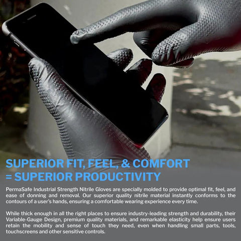Black nitrile disposable gloves on hands holding a smartphone; medium size, close-up view.