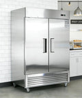 54 Inch Wide Two Door Commercial Stainless Steel Freezer 42.2 Cu Ft Upright Cold Storage in a professional kitchen setting.