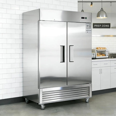 54 Inch Wide Two Door Commercial Stainless Steel Freezer 42.2 Cu Ft Upright Cold Storage in a professional kitchen setting.