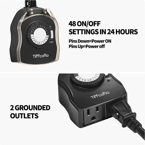 Dual Grounded Outdoor Timer Outlet With 24 Hour Mechanical Dial for pool pump and outdoor lights, front and side view