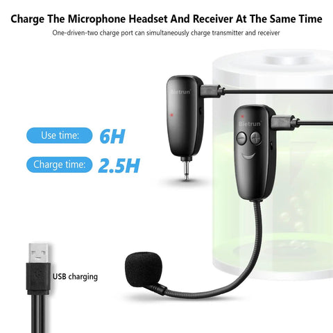 UHF Wireless Headset Microphone System With 160 Feet Range, Includes One Eighth Inch And One Quarter Inch Plugs, charging setup