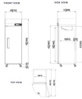 Heavy-Duty Commercial One-Door Reach-In Freezer Featuring Slick Silver Stainless Steel Build And Heavy-Gauge Adjustable Wire Bins, Legit 23-Cubic Feet Zero Frost Capacity dimensions in front, side, and top views.