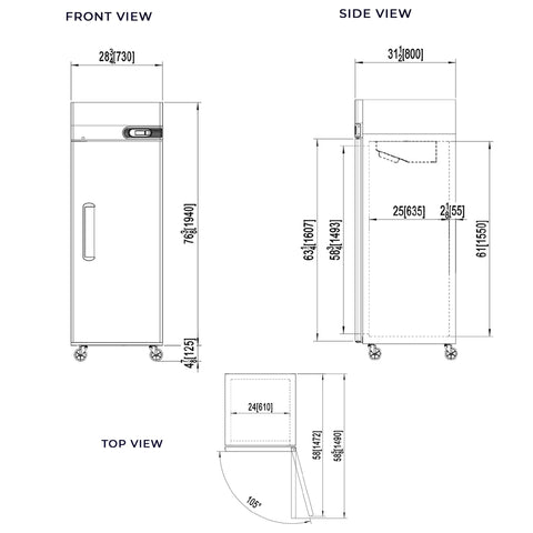 Heavy-Duty Commercial One-Door Reach-In Freezer Featuring Slick Silver Stainless Steel Build And Heavy-Gauge Adjustable Wire Bins, Legit 23-Cubic Feet Zero Frost Capacity dimensions in front, side, and top views.