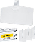 Clear Wire Shelf Label Holders 3.4 Inch Kit with Snap On Clips, showing 50 pack for pantry organization and retail shelving.
