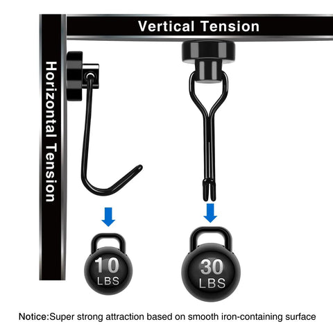 Heavy Duty Fridge Magnet Hooks Hold Like Crazy For Cruise Cabins And Kitchen Organization Six Pack showing tension measurements and weight capacity.