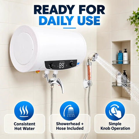 This Electric Water Heater Wall Mount Tank Is A Total Beast With 1500W Fast Heat Element And Bombproof Stainless Steel Plus Thick Enamel Liner Gets You Hot Water In A Jiffy For The Home Vibe At 110V, wall-mounted design with display and showerhead.