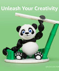 Animated panda figurine on green background titled 'Unleash Your Creativity', made with PLA Silk Plus 1.75mm 1kg Filament Spool For 3D Printing Smooth Finish Low Warp Easy To Print Compatible With Most FDM Printers Gold Color Great For Beginners And Pros Ideal For Detailed Prototypes And Jewelry Models.