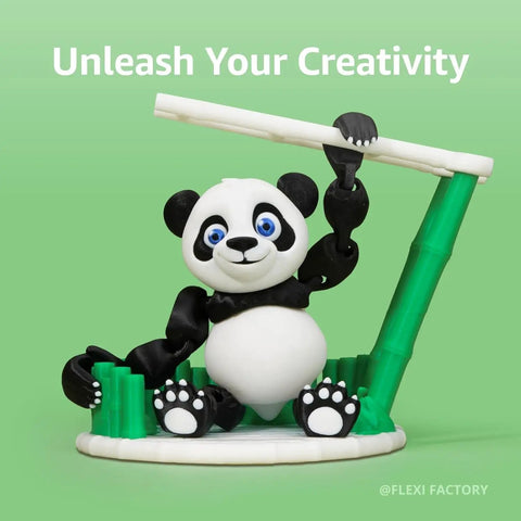 Animated panda figurine on green background titled 'Unleash Your Creativity', made with PLA Silk Plus 1.75mm 1kg Filament Spool For 3D Printing Smooth Finish Low Warp Easy To Print Compatible With Most FDM Printers Gold Color Great For Beginners And Pros Ideal For Detailed Prototypes And Jewelry Models.