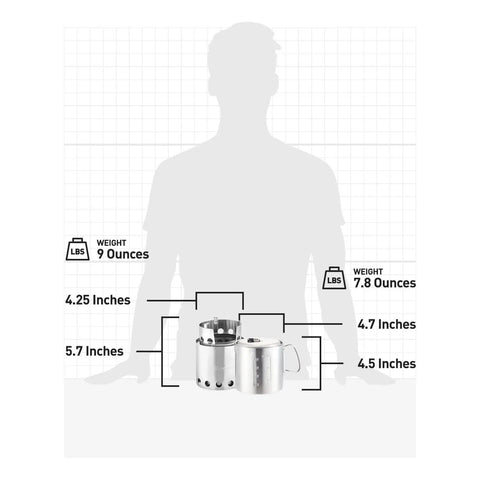 Lite Pot 900 Wood Burning Camp Stove Set With 900 Milliliter Pot dimensions and weights displayed against silhouette.