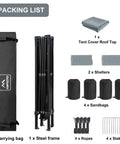 10x10 Pop Up Canopy Tent With Side Walls Waterproof Portable Shade For Camping Backyard And Events Includes Wheeled Carry Bag UV Protection And Easy Setup Instant Outdoor Shelter packing list with components.