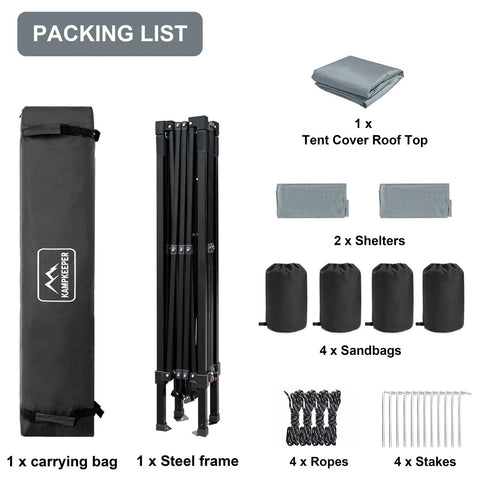 10x10 Pop Up Canopy Tent With Side Walls Waterproof Portable Shade For Camping Backyard And Events Includes Wheeled Carry Bag UV Protection And Easy Setup Instant Outdoor Shelter packing list with components.