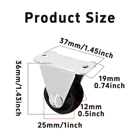 Four Pack 1 Inch Heavy Duty Rigid Fixed Caster Wheels With Non Swivel Top Plate For Furniture showing dimensions and specifications