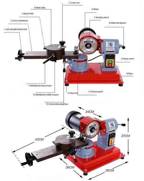 No Drama Electric Saw Blade Sharpener for Carbide Tipped Blades with five inch grinding wheel and water spray system, detailed diagram.