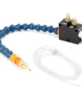 QWORK mist coolant spray system for CNC machines; blue flexible segmented hose with brass fittings and clear tubing