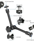 Detailed view of aluminum alloy arm with ball joint slots and friction teeth, part of Magnetic Camera Fence Mount for GoPro, Mevo Start, Insta360 Pocket 3, and iPhone With Two 1/4-20 Slots Chain Link Fence Holder and Two Magic Arms Ideal for Recording Baseball Softball and Tennis Games.