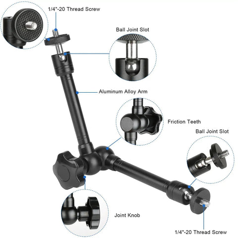 Detailed view of aluminum alloy arm with ball joint slots and friction teeth, part of Magnetic Camera Fence Mount for GoPro, Mevo Start, Insta360 Pocket 3, and iPhone With Two 1/4-20 Slots Chain Link Fence Holder and Two Magic Arms Ideal for Recording Baseball Softball and Tennis Games.
