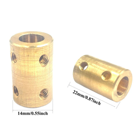 Brass Shaft Coupling Set 5mm To 8mm Rigid Motor Coupler Sleeve For RC Boats Cars Planes And 3D Printers Five Pack Built For Beefy Torque Transmission With Tight Fit Low Inertia And No Rotation Gap For Precise Alignment And Long Lasting Durability., brass coupler shown with 22mm length and 14mm diameter