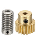 Worm gear set front view: brass gear wheel and steel worm shaft