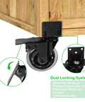 Set Of Four 3 Inch L Shaped Bracket Swivel Casters With Brakes attached to wooden furniture, showing dual locking system detail.