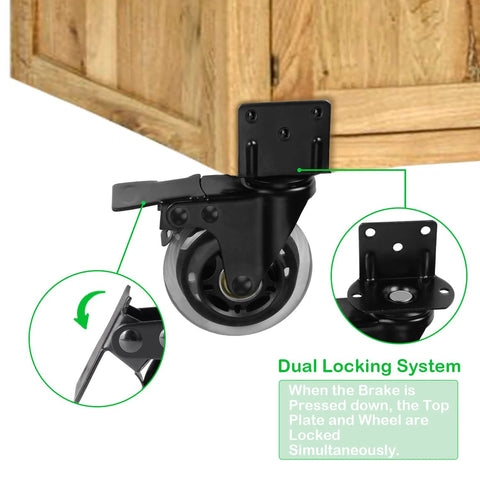 Set Of Four 3 Inch L Shaped Bracket Swivel Casters With Brakes attached to wooden furniture, showing dual locking system detail.