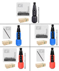 Slick Cordless Electric Screwdriver With Built In Led Light in black, blue, and red colors, featuring various bits and packaging.