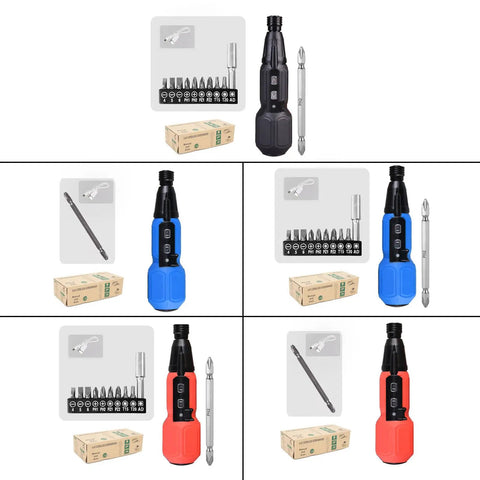 Slick Cordless Electric Screwdriver With Built In Led Light in black, blue, and red colors, featuring various bits and packaging.