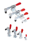 Heavy Duty Horizontal Toggle Clamps Set Of Twenty Pieces Featuring Quick Release Cam Action And Adjustable Tension For Kickass Woodworking Jigs And Shop Build Tasks, metallic clamps with red handles.