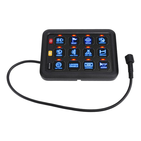 Front view of 12 Gang RGB LED Switch Panel With 8 Color Modes And 5 Brightness Levels For Cars Boats Marine Use, cable attached.