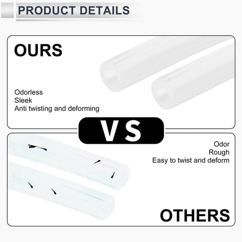 Comparison of high temp silicone vacuum hose for automotive use, ten feet long, one quarter inch inner diameter, eleven millimeter outer diameter, wall thickness two point five millimeters, clear, built to handle up to one hundred thirty psi, one piece and other products showing differences in texture and flexibility.