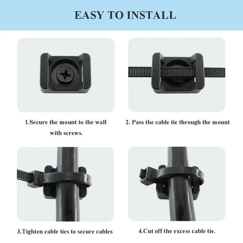 Six Inch Nylon Cable Ties With Saddle Mounts Base Kit And Screws for Baseboard Wall Or Desk Organization installation guide