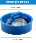 Close-up of stainless steel washer inlet valve filter with blue rim, size 0.79x0.39 inches, universal replacement.