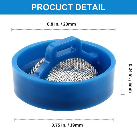 Close-up of stainless steel washer inlet valve filter with blue rim, size 0.79x0.39 inches, universal replacement.