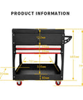 Heavy Duty Rolling Tool Cart With 2 Drawers, Pro Grade Mobile Tool Box Storage Organizer For Garage, Workshop And Warehouse, Rugged Cold Rolled Steel Service Cart With Auto Locking System, side view with dimensions