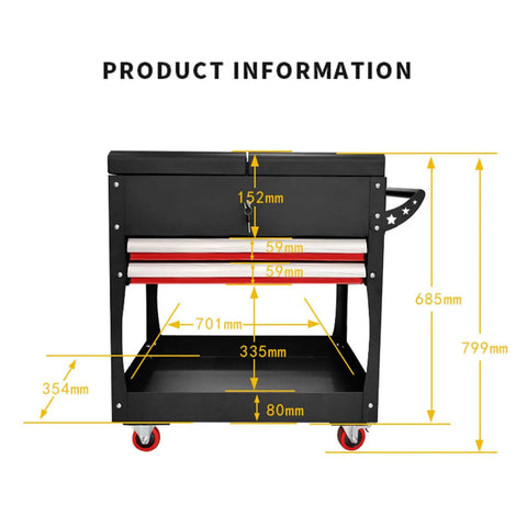 Heavy Duty Rolling Tool Cart With 2 Drawers, Pro Grade Mobile Tool Box Storage Organizer For Garage, Workshop And Warehouse, Rugged Cold Rolled Steel Service Cart With Auto Locking System, side view with dimensions