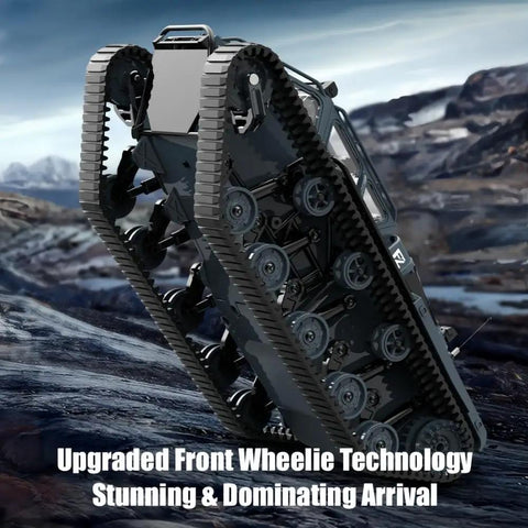 1:16 Large RC Tank Car With 2.4G Anti Interference Remote climbing rocky terrain, showcasing all-terrain tracks and dual motors