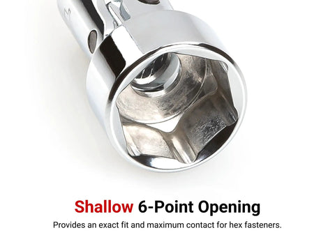 Quarter Inch Drive 10 mm Shallow 6 Point Universal Joint Socket For Tight Spots Compact U Joint Fits Where Other Tools Will Not Fit Flat Sides Grip Prevents Fastener Round Off, close-up view of socket head