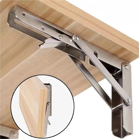Two Pieces Adjustable Wall Mounted Triangle Folding Bracket Set for shelves and benches, heavy duty silver metal support, detail view