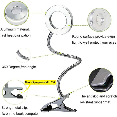 Illustration of 6W LED USB Clip On Reading Lamp showing aluminum build, 360° gooseneck, and clip details for versatile use.
