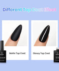 Gel Nail Prep Set With Base Coat And No Wipe Top Coat In Glossy Or Matte Finish Includes Nail Dehydrator And Primer 5 Pcs Of 10ml Each Acid Free And Hema Free Bonding Kit For Durable Chip Resistant Nails, showcasing matte and glossy top coat effects on nails.