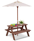 Outdoor Wooden Kids Picnic Table With Removable Umbrella Foldable Bench Set in walnut with kids' play items on top