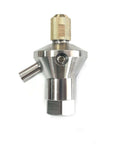 Front view of a metal waterjet cutter head body with knurled brass top nut and side inlet nozzle.