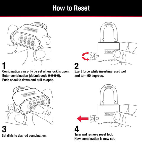 Illustration of resetting Black Combination Padlock With Your Own No Fuss Four Digit Code For Indoor And Outdoor Use, Model 178D