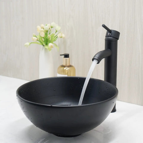Dope Matte Black Vessel Sink Set With Faucet And Pop Up Drain, 12.8 Inch Round Ceramic Above-Counter Bathroom Sink, Modern Design