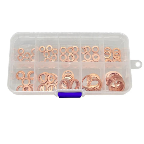 Top Flat Copper Washers 100 Pcs Assortment Kit in plastic organizer, mixed M4-M14 sizes for automotive sump plugs