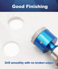 Dry Diamond Core Drill Bit Set 2 Pc 2 Inch 50mm Diamond Hole Saw Core Bits With Triangle Shank For Porcelain Tile Ceramic Stone Granite Marble Drilling Ideal For Dry Drilling In Porcelain Tiles Ceramic Stone Granite Marble For DIY Home Renovation, showcasing clean drilled holes on a surface.