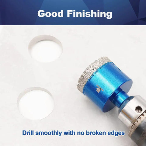 Dry Diamond Core Drill Bit Set 2 Pc 2 Inch 50mm Diamond Hole Saw Core Bits With Triangle Shank For Porcelain Tile Ceramic Stone Granite Marble Drilling Ideal For Dry Drilling In Porcelain Tiles Ceramic Stone Granite Marble For DIY Home Renovation, showcasing clean drilled holes on a surface.