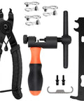Pro Grade Bike Chain Repair Tools Kit With Chain Breaker Master Link Pliers Wear Indicator And 3 Pairs Missing Links For 6 7 8 9 10 11 12 Speed Chains And Single Speed Bikes displayed with tools on white background
