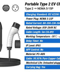 Portable Ev Charger Type 2 To Nema 515 Plug 16 Amp 110 Vac With 16 Foot Cable Ip65 Rated showing specifications and charging details.